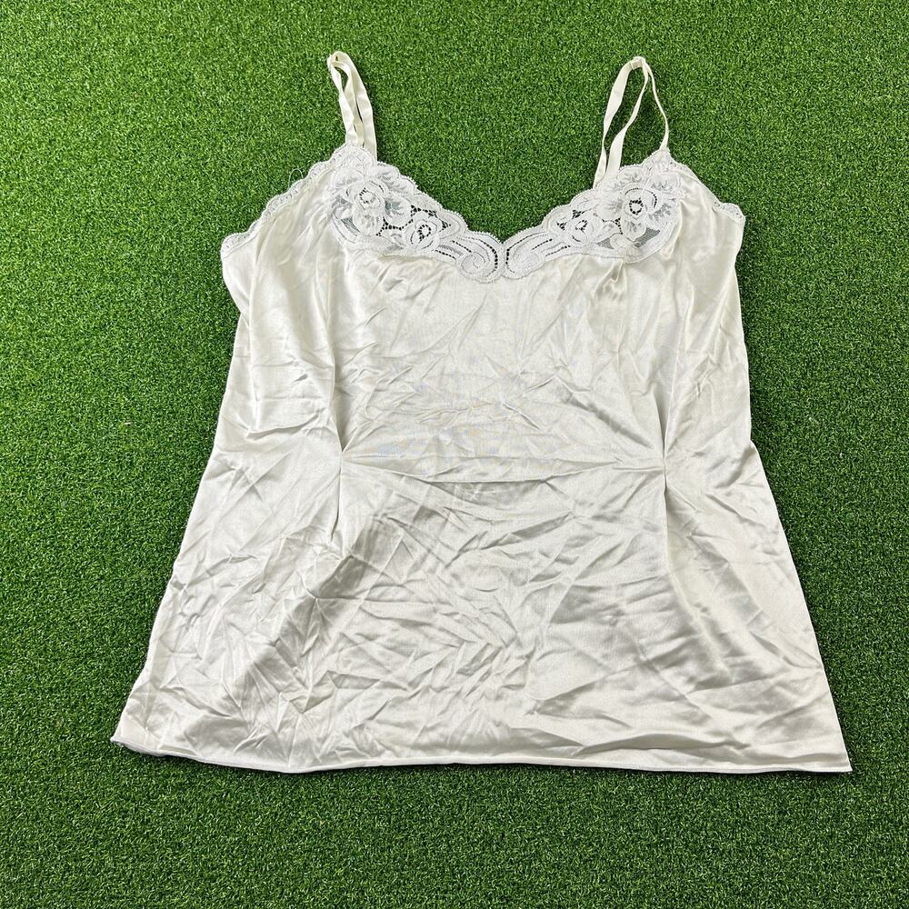 Vintage White Satin Lace Camisole Tank Top Made in USA Nylon Lingerie Slip Top